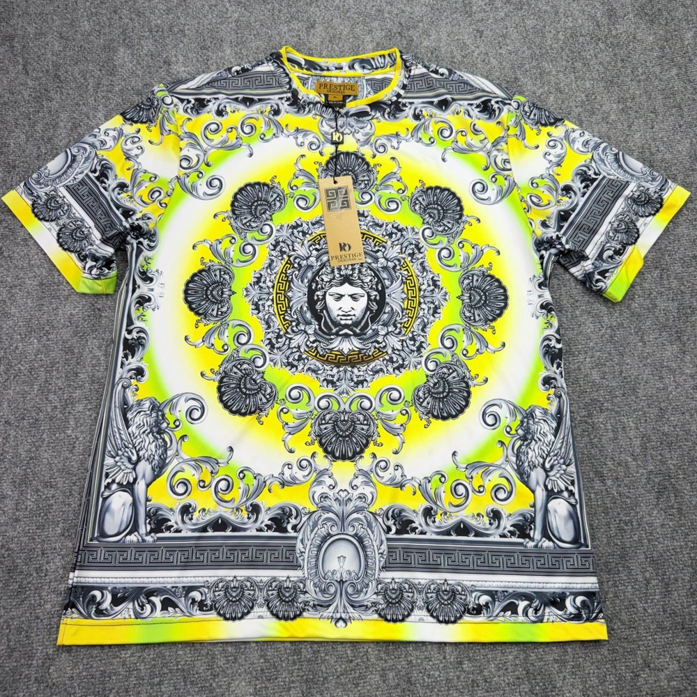 Prestige Original T Shirt Mens XL Yellow Baroque Medusa Print Stretch NWT